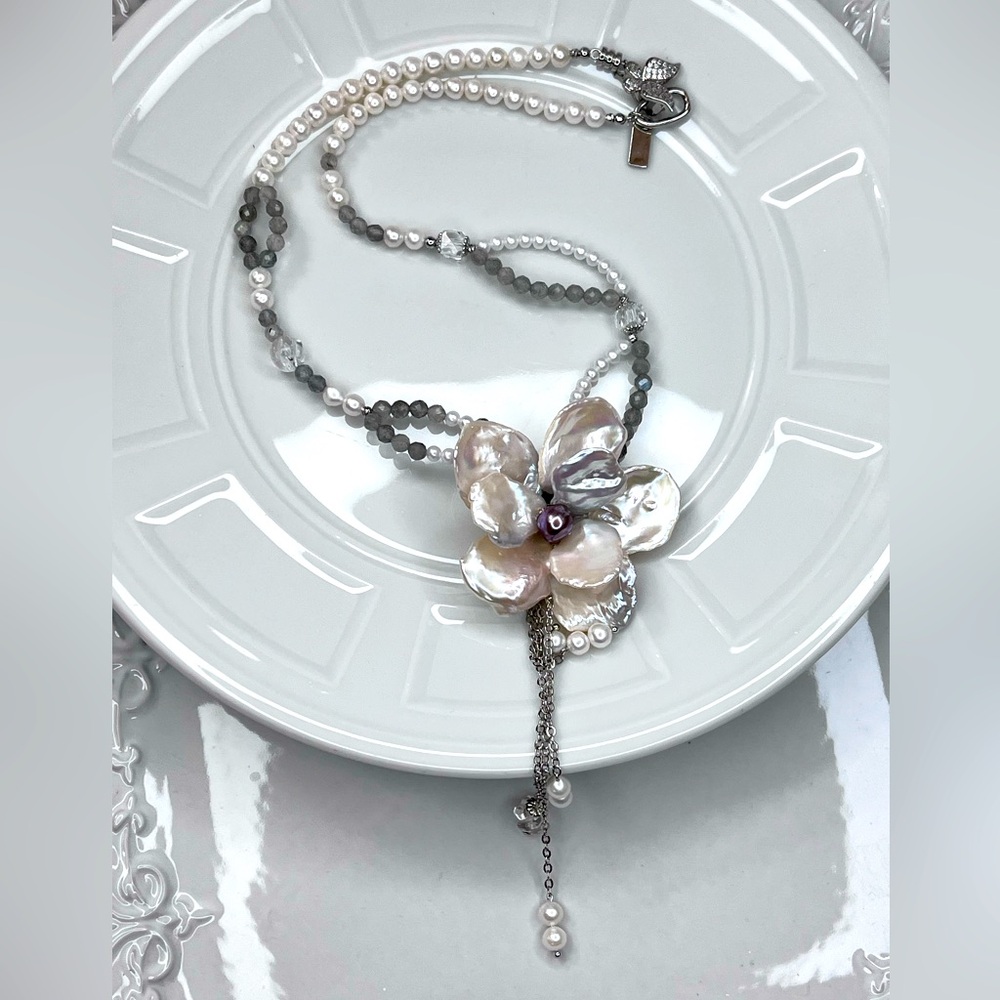 Handmade Freshwater Keshi Pearl Moonstone Quartz Braided Necklace Huge Flower 🌺